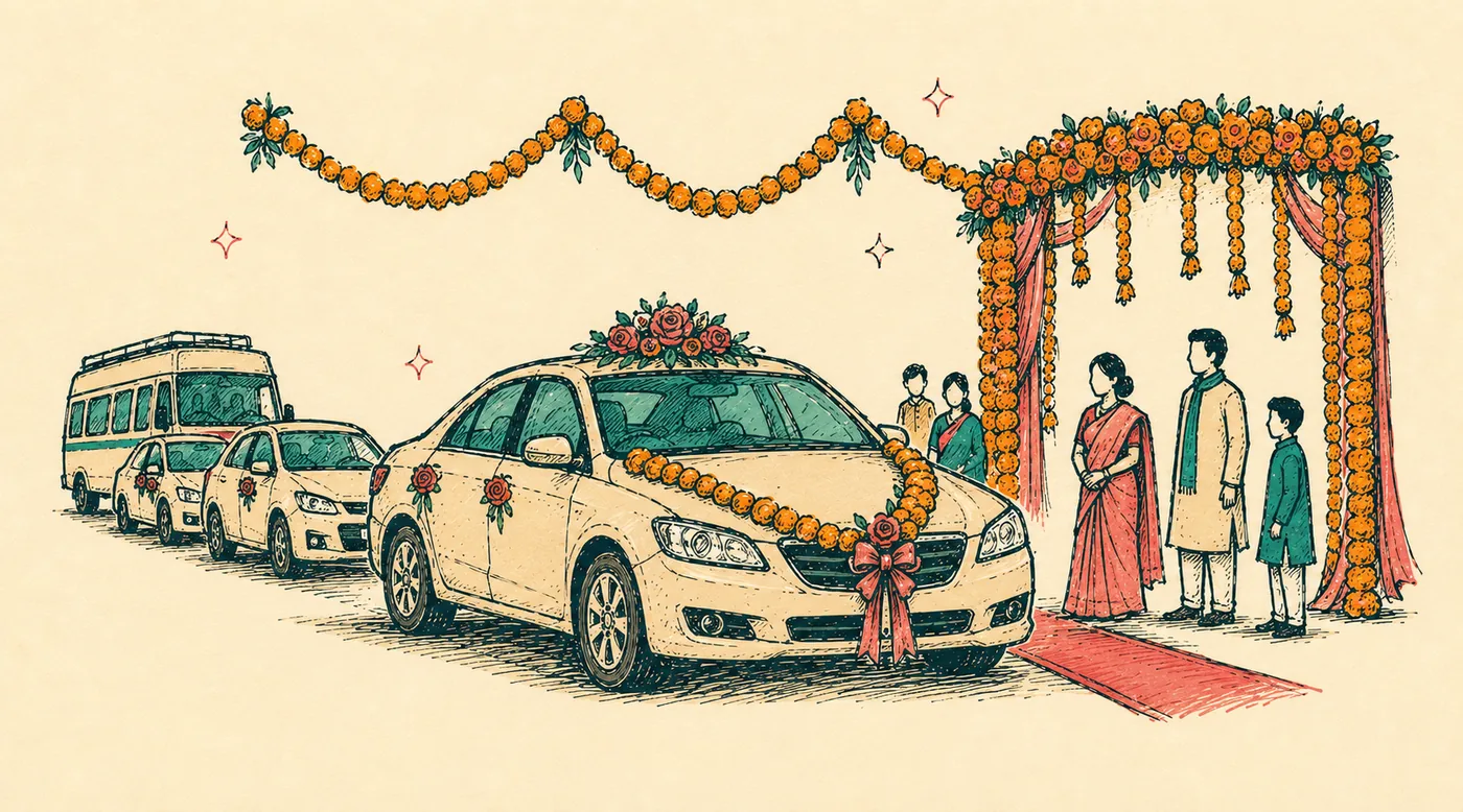 Hand-drawn wedding convoy: a garlanded car, guest vehicles and a marigold gate with family waiting